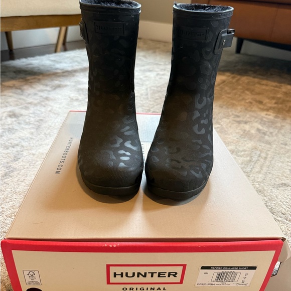 Hunter Shoes - Hunter Black Leopard-Embossed Fleece-Lined Mid-Calf Rain Boots